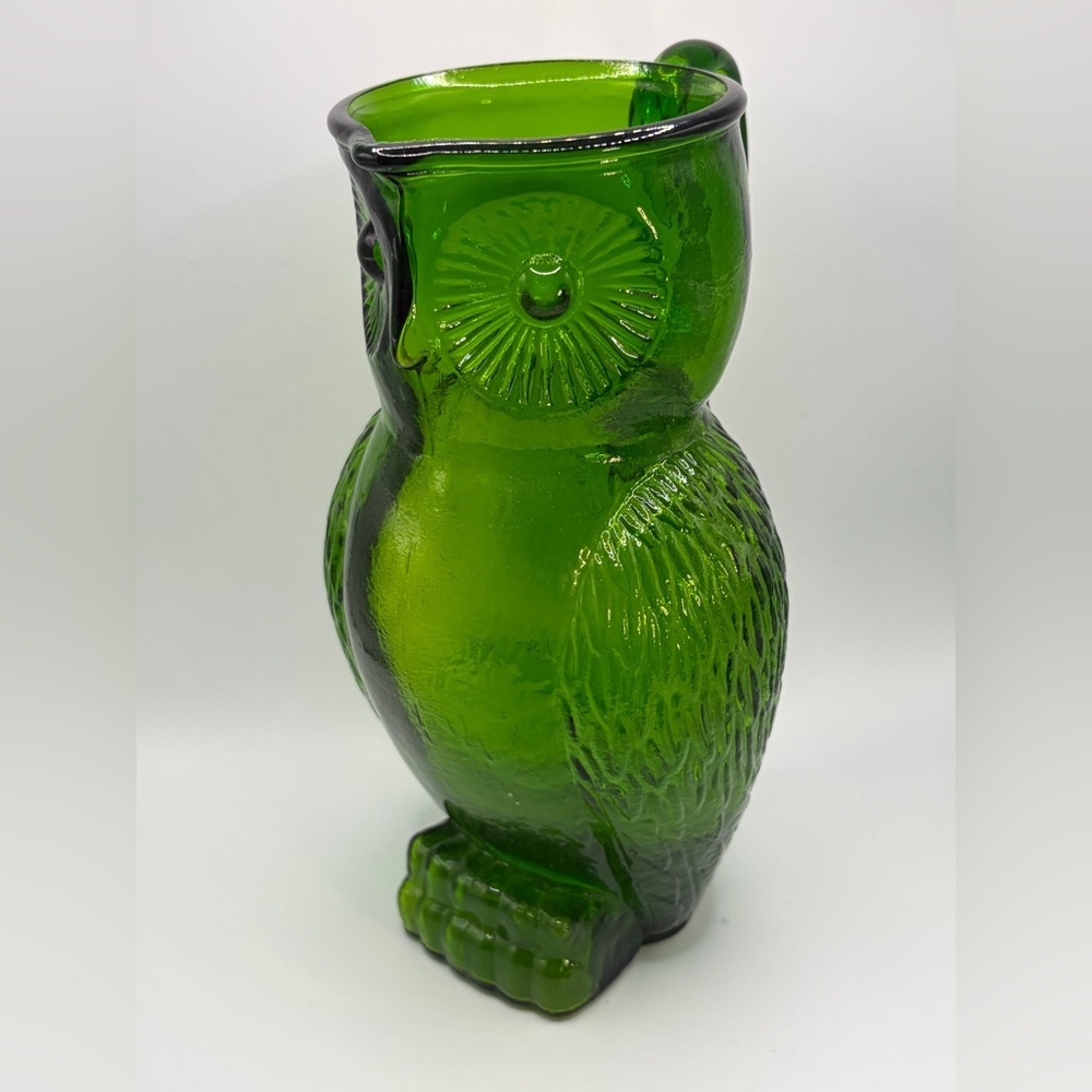Vintage Green Art Glass Owl Figure Pitcher / Vase, Cottagecore Whimsigoth Decor